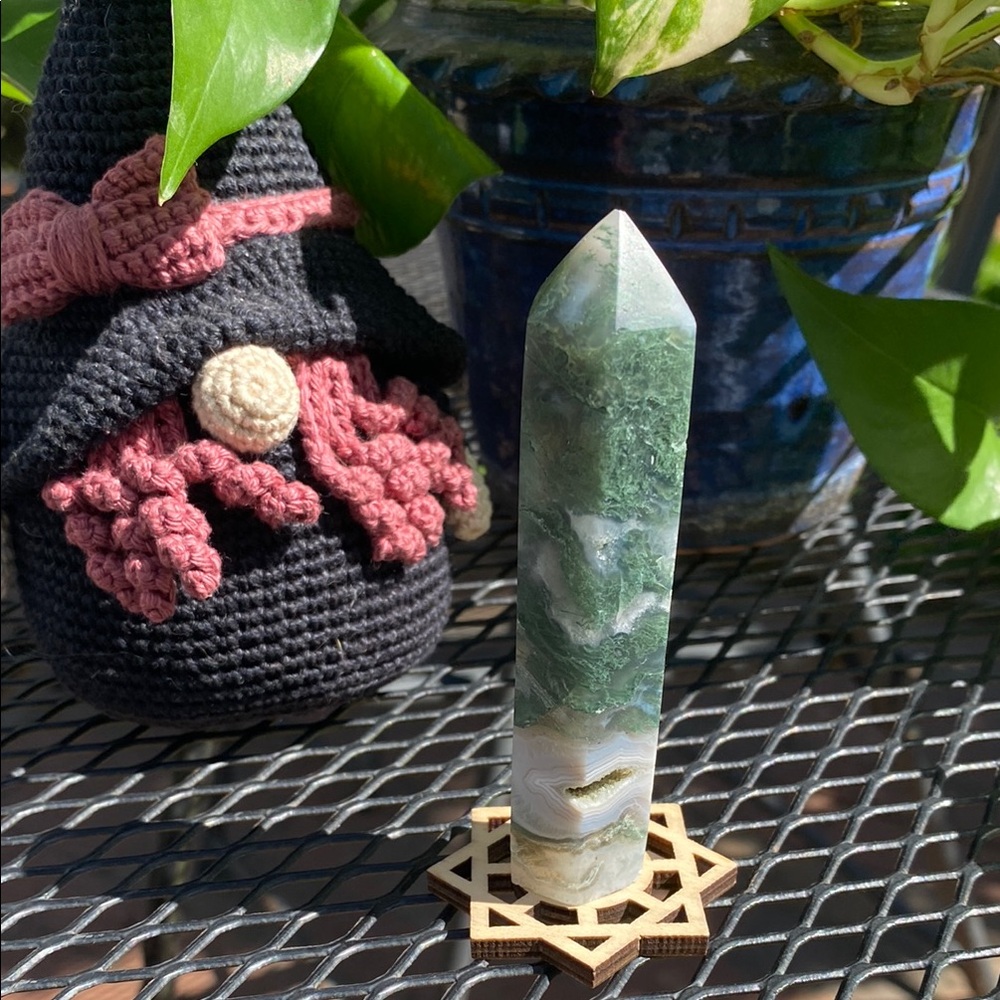 Moss Agate Hexagonal Tower with Druzy Caves